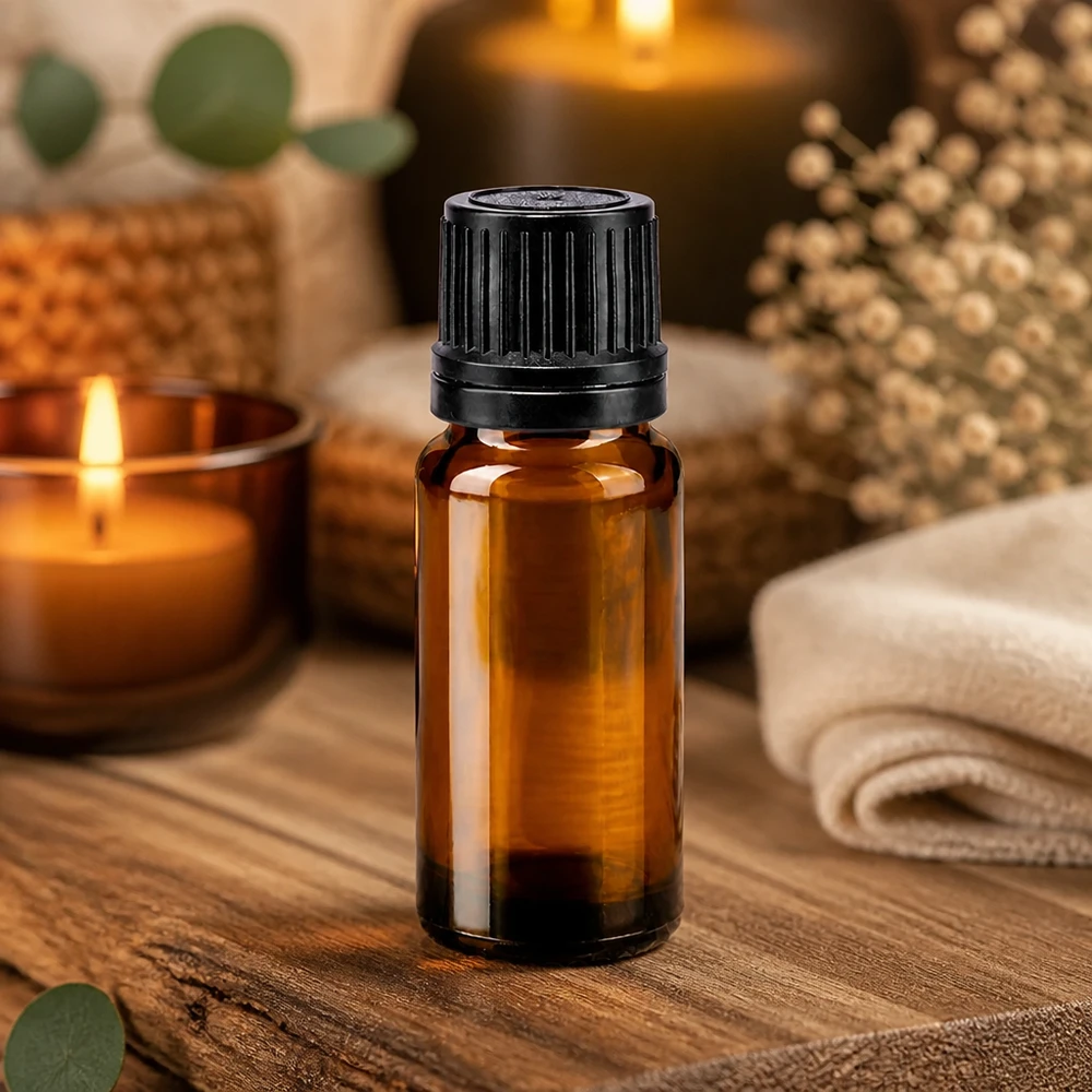 Brun 10 ml glasflaske med sort OV-lukning mellem stearinlys og naturdekoration på træ