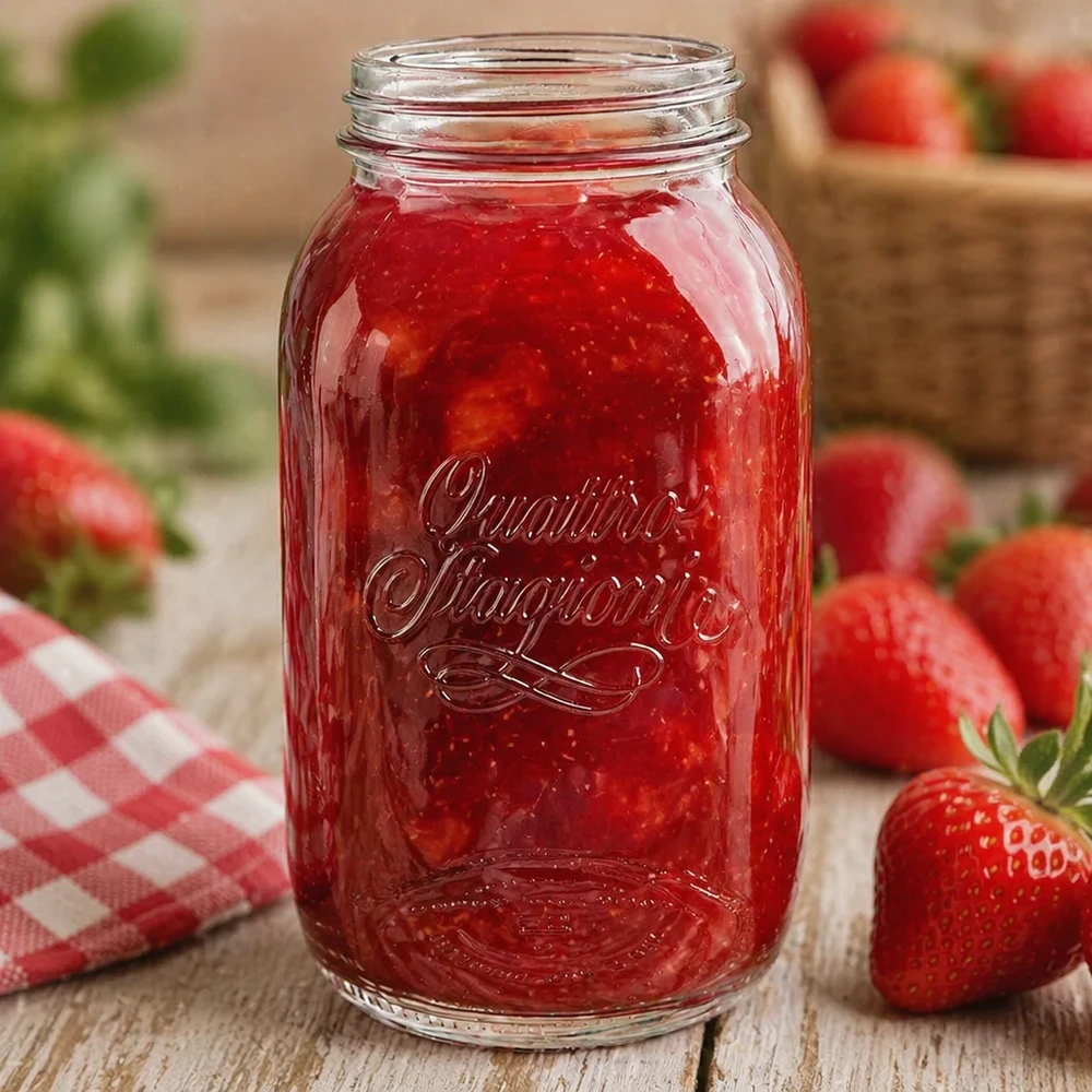 1500 ml husholdningsglas "Quattro Stagioni" 1500 ml Quattro Stagioni husholdningsglas fyldt med jordbærmarmelade omgivet af friske jordbær på et træbord