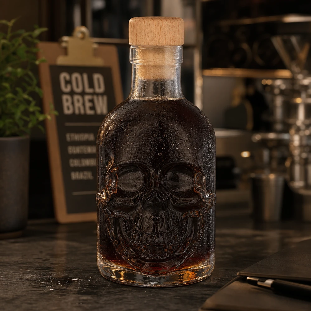 200 ml glasflaske »Jack« med træhåndtag og prop UNiTWIST® Skull-glasflaske med Jack 200 ml med mørk spiritus i en café-atmosfære, cold brew-skilt i baggrunden