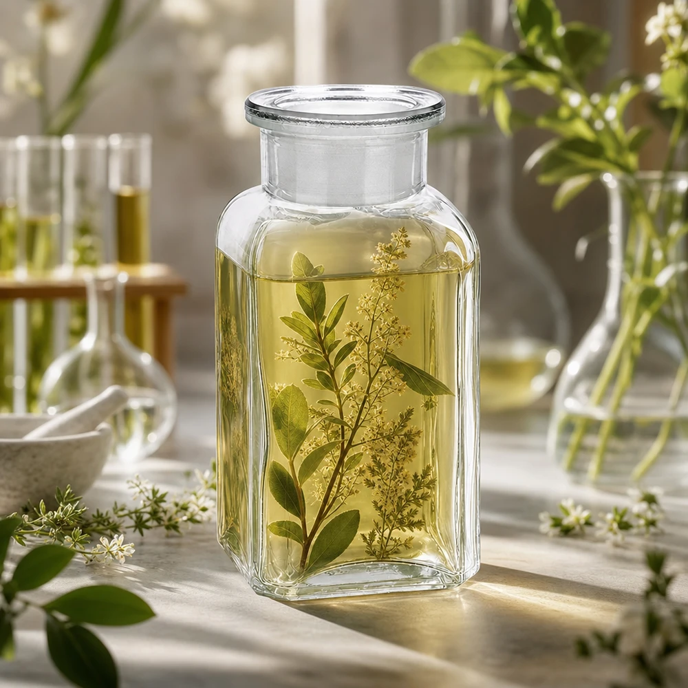 Firkantet flaske 100 ml klar glasprop med bred hals Firkantet flaske, 100 ml, gennemsigtig, med urteekstrakt og hvide blomster i laboratoriemiljø