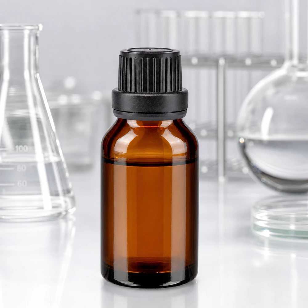 Apotekflaske af brunt glas, 15 ml, med sort dråbeindsats, 2 mm præcisionsdosering, UV-beskyttelse