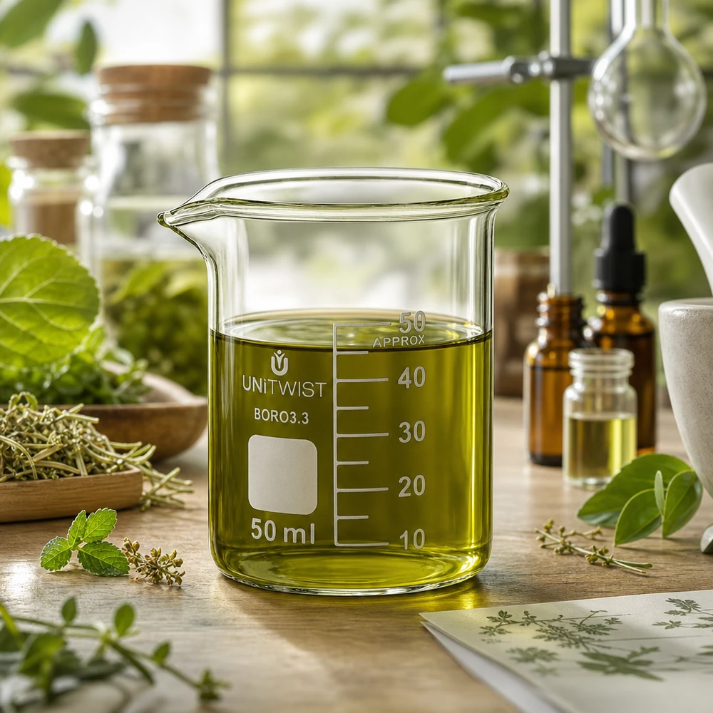 Bæger 50 ml borosilikat, lav skimmel UNiTWIST 50 ml UNiTWIST-glasbeholder i lav udførelse med gulgrøn urteolie, fyldt op til 40 ml i Naturlabor