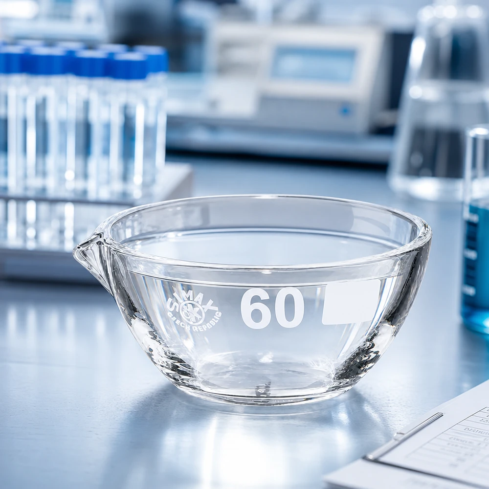 45 ml fordampningsskål med borosilikat-tud Kompakt 45 ml inddampningsskål med ø60 mm tud af robust borosilikat til laboratoriearbejde