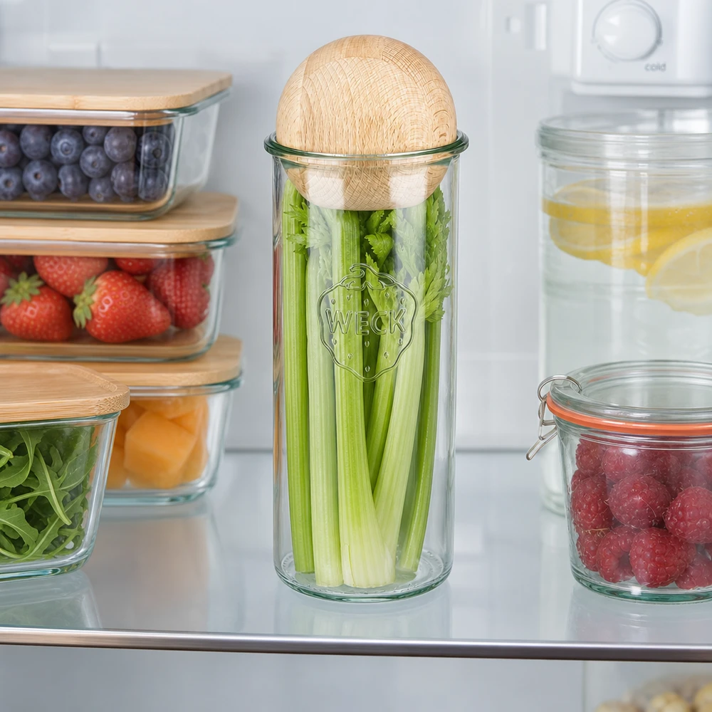 1500 ml Briller WECK RR100 med trækugle bøg WECK RR100 1500 ml glas i køleskabet med selleri, kuglelåg i bøg, holder grøntsagerne friske