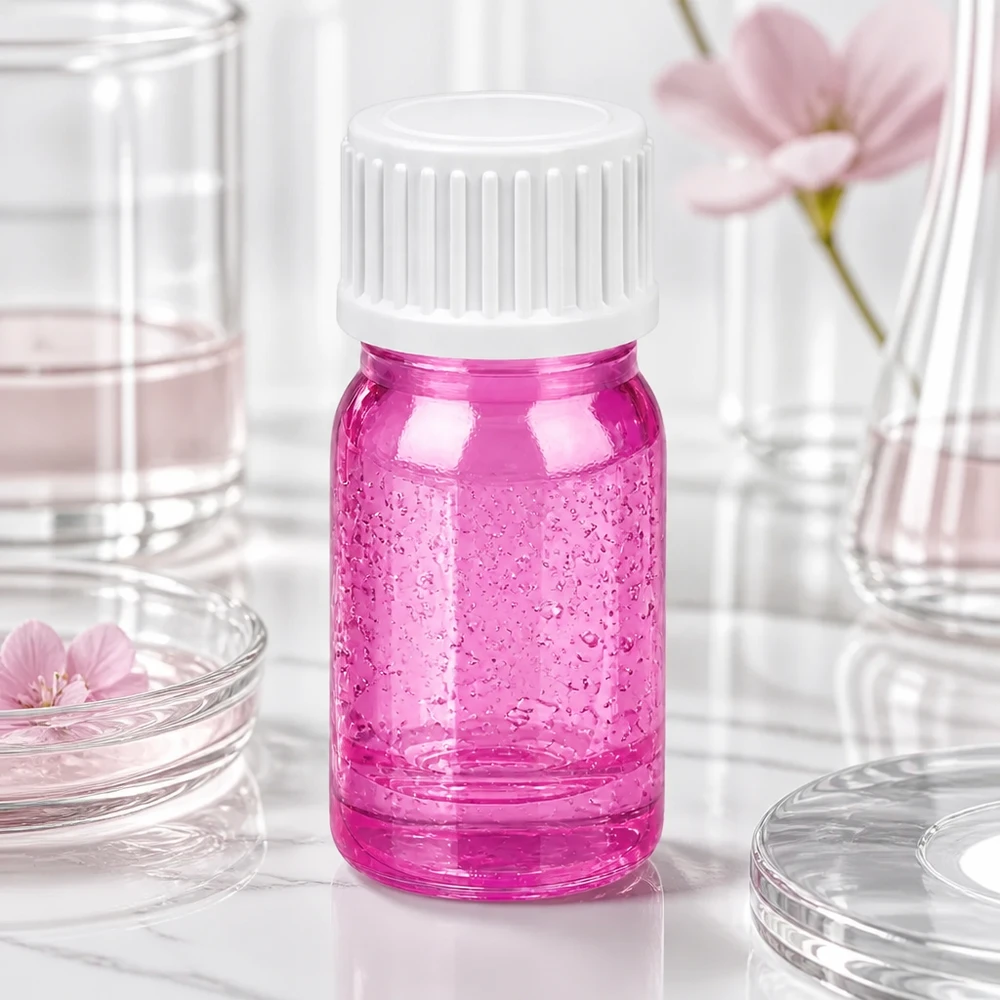 5 ml (kugle) flaske 3 mm hældering hvid standard PurpleLine UT18/5 Pink glasflaske 5 ml med hvidt skruelåg og struktureret overflade til kosmetiske anvendelser