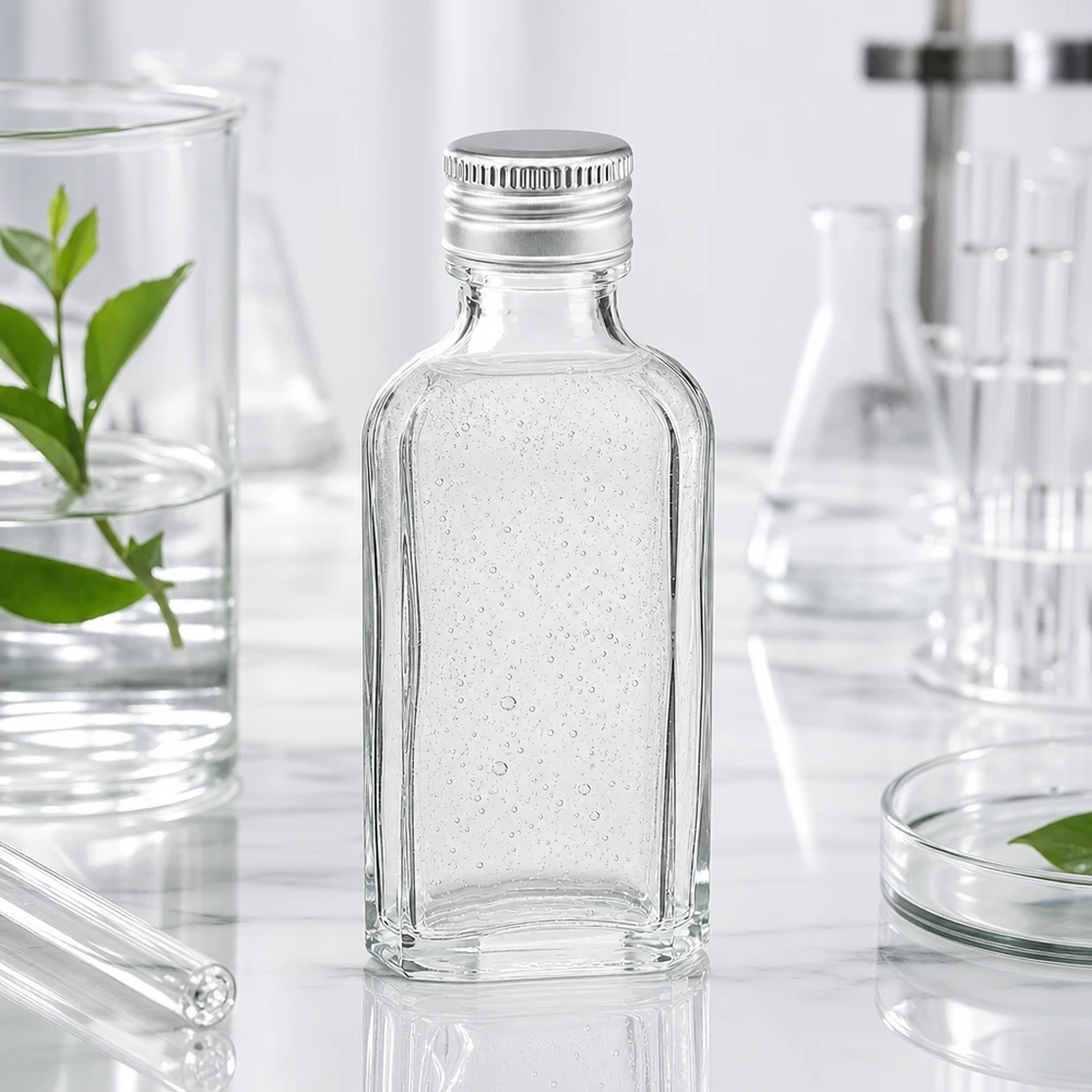 Laboratoriemiljø med en 50 ml Meplat-glasflaske (klar) og en sølvfarvet PP22-aluminiumslukning på marmor