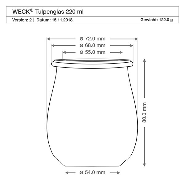 220 ml tulpanglas med friskhedslåg WECK RR60 Teknisk tegning WECK tulipankrukke 220ml RR60 med mål og dimensioner - Produktspecifikation konserveringskrukke