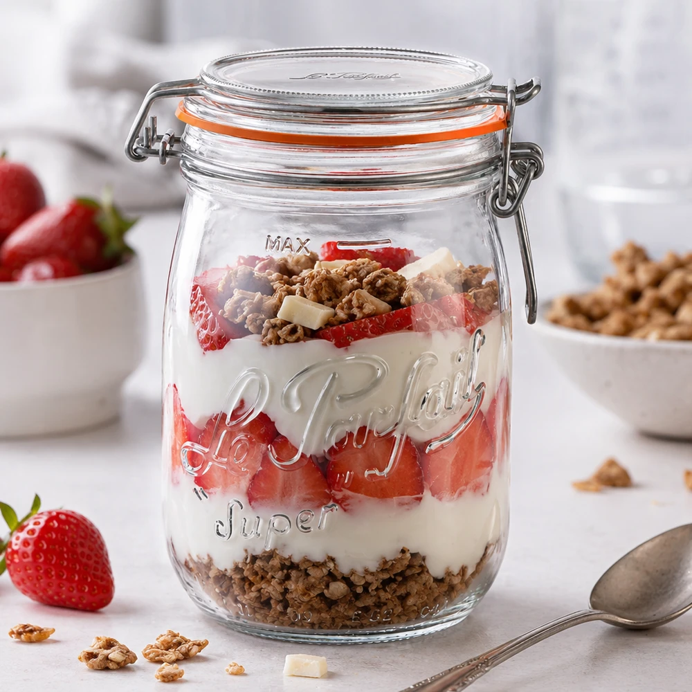 Le Parfait® glas 1 L Ø85 mm opbevaring 1000 ml Le Parfait Super opbevaringsglas med svingtop fyldt med yoghurt, jordbær og müsli til dessert