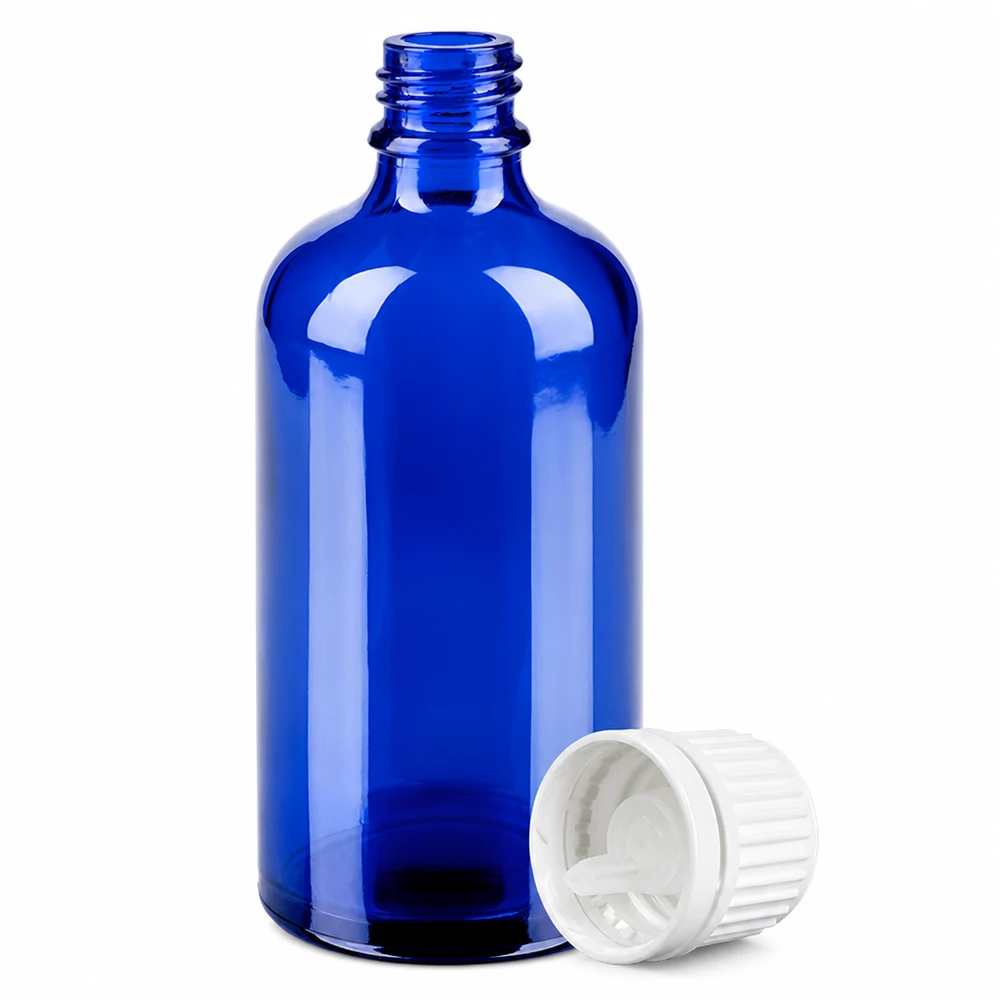 Blå glasdråbeflaske i høj kvalitet 100 ml med hvidt skruelåg til aromaterapi