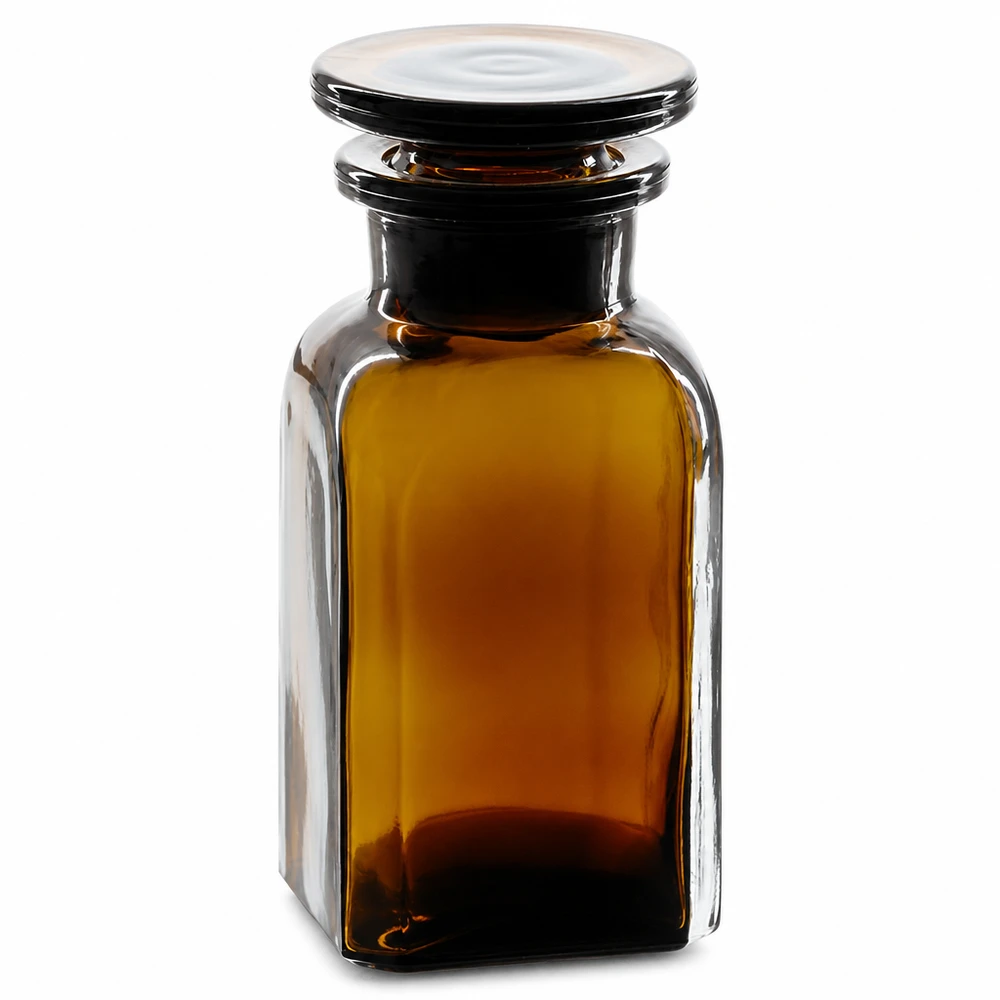 Firkantet flaske 100 ml brun glasprop med bred hals Firkantet flaske, 100 ml, brun, med glasprop og bred hals til laboratorier og apoteker