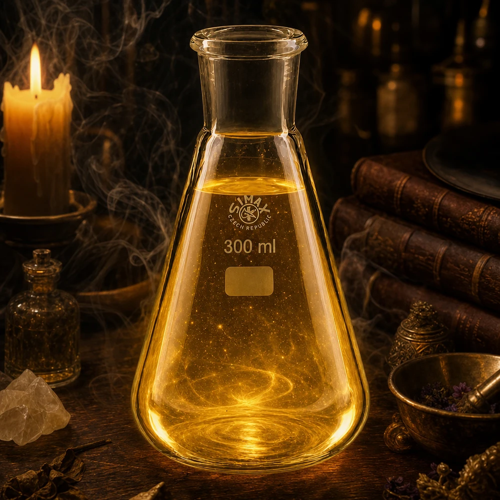 Erlenmeyer-kolbe 300 ml med standard slebet led (29/32) Erlenmeyer-kolbe 300 ml med standard slebet led 29/32 i gyldengul belysning til laboratorieteknologi