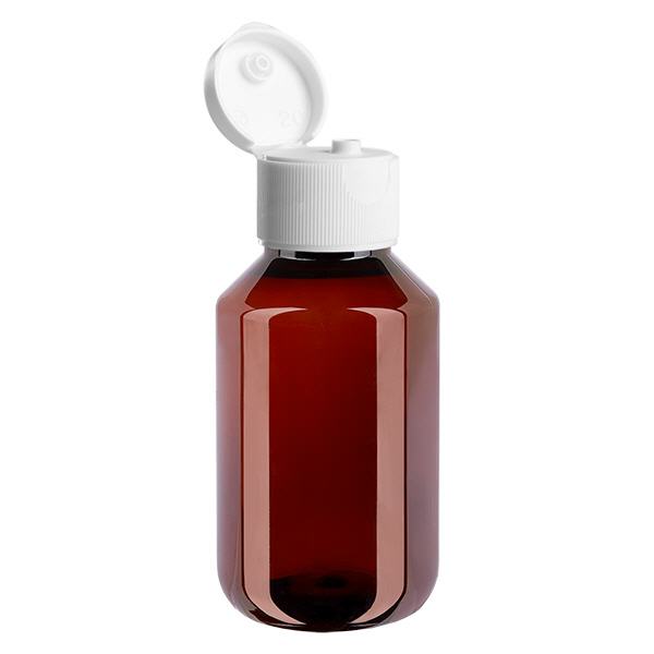 PET-flaske 100 ml med hvid flip-top-kapsel. PET-flaske 100 ml med hvid flip-top-kapsel.