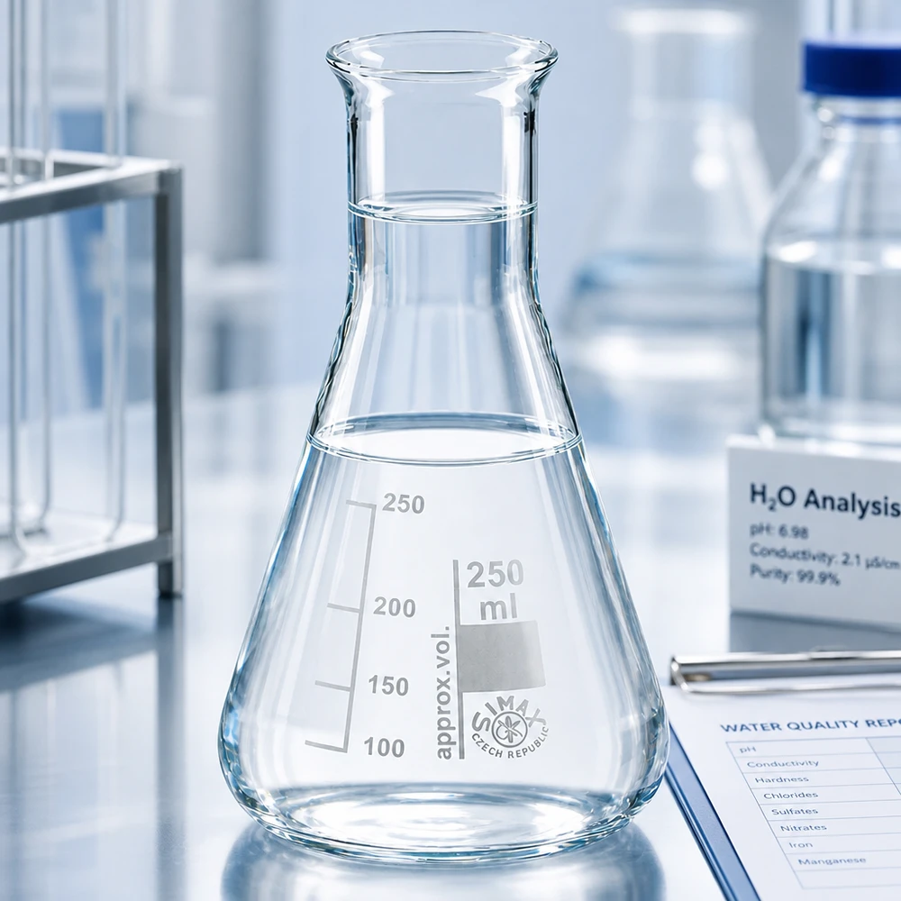 Gradueret glaskolbe 250 ml med konisk form og smal hals til laboratorieanalyse