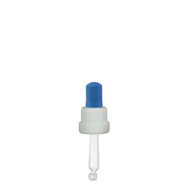 Pipettehætte hvid/blå DIN18, 44 mm pipettelængde som standard. Alkoholtæt. Til ApoGlas® 5ml Brown(++), Clear(++) & 5ml Mironglas(++) med 18mm gevind.