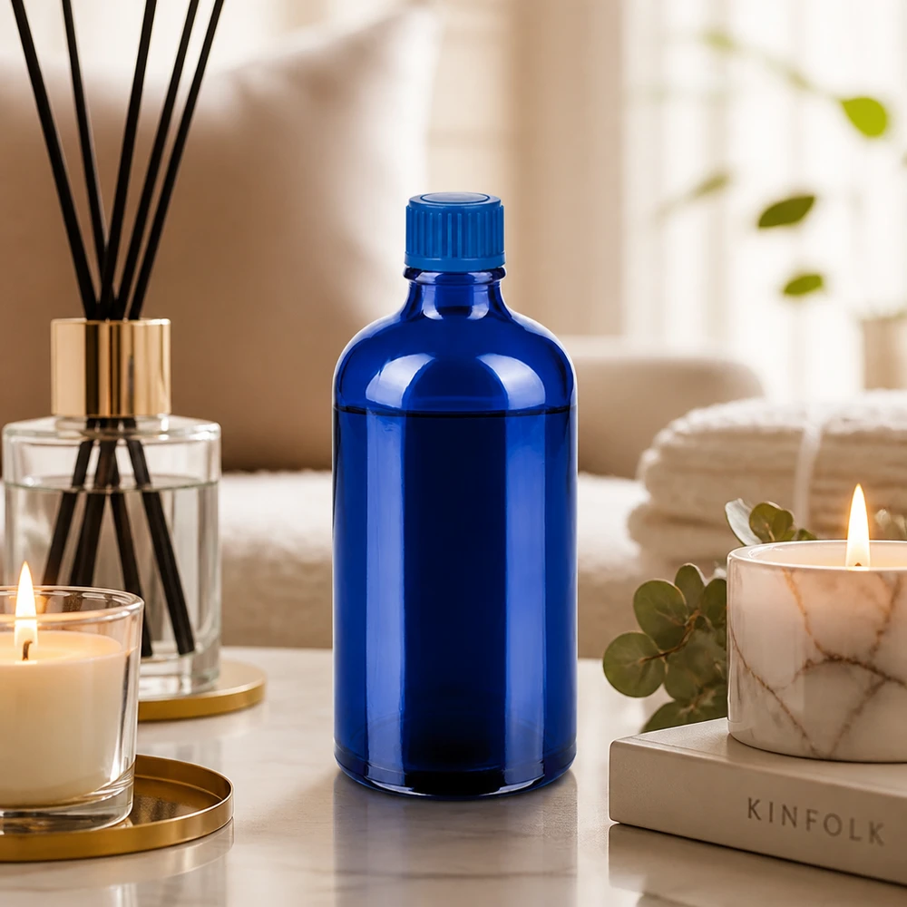 Elegant blå 100 ml glasflaske med 11 mm hætte til professionelle kosmetikprodukter