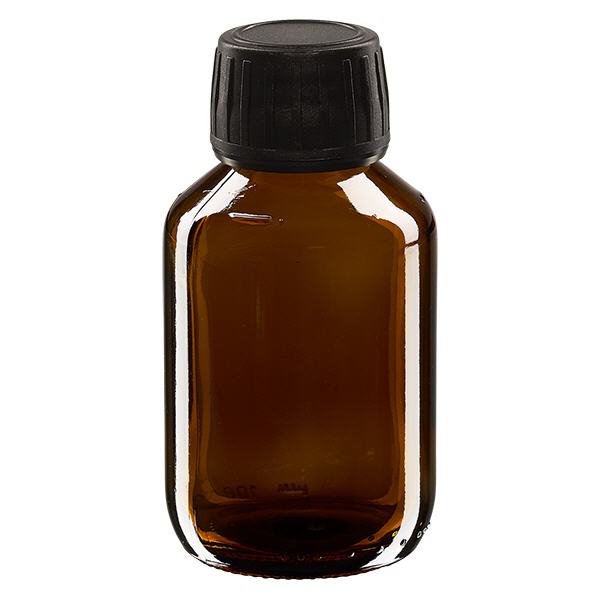 100 ml medicinflaske brun, hætte sort med manipulationssikker ring ApoGlas. Farmaceutisk kvalitet fra EU-produktion. 28 mm (PP28) gevind. (sirup, let glasflaske) 100 ml medicinflaske brun, hætte sort med manipulationssikker ring ApoGlas. Farmaceutisk kvalitet fra EU-produktion. 28 mm (PP28) gevind. (sirup, let glasflaske)