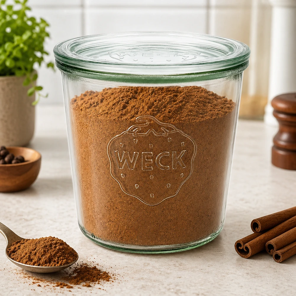 580 ml krukke med glaslåg WECK RR100 WECK 580 ml RR100-glaskrukke fyldt med kakaopulver og kanel på bordpladen til opbevaring af krydderier