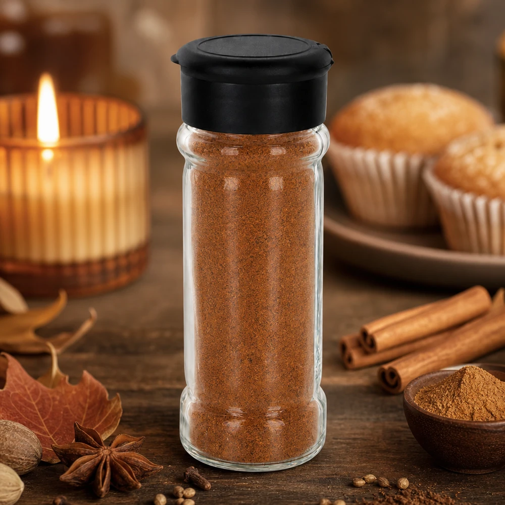 Salt-/krydderikrukke 100 ml med strøer, sort Kanelfyldt krydderiglas på 100 ml med sort strøer ved siden af kanelstænger og muffins