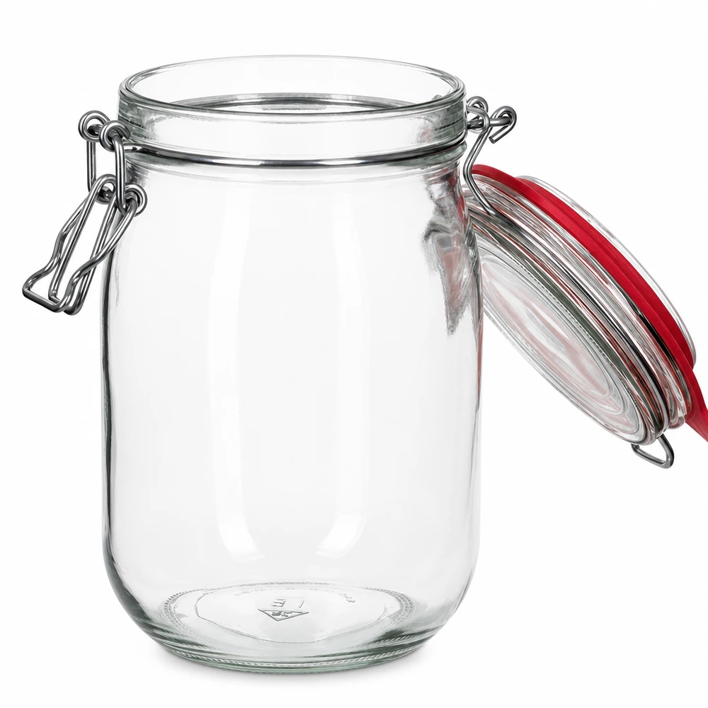 1140 ml opbevaringsglas, type G, med bøjlelåg UN.. Stor klar glasbeholder med rød gummipakning og metalhåndtag 1140 ml