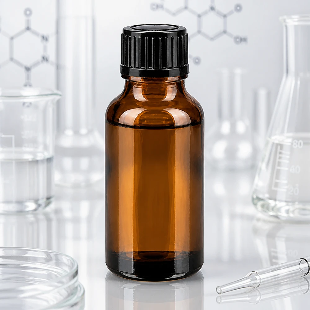 Apoteksflaske brun 20ml dryp v. 1mm sort pc 20 ml brun glasflaske med sort skruelåg mellem en laboratoriekolbe og en Erlenmeyer-kolbe