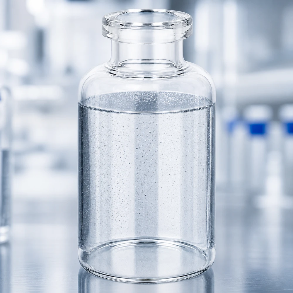 Injektionsflaske i klart glas 30 ml Transparente 30ml Pharmaglasflasche mit wässrigem Inhalt und sichtbaren Mikroblasen Laborumgebung