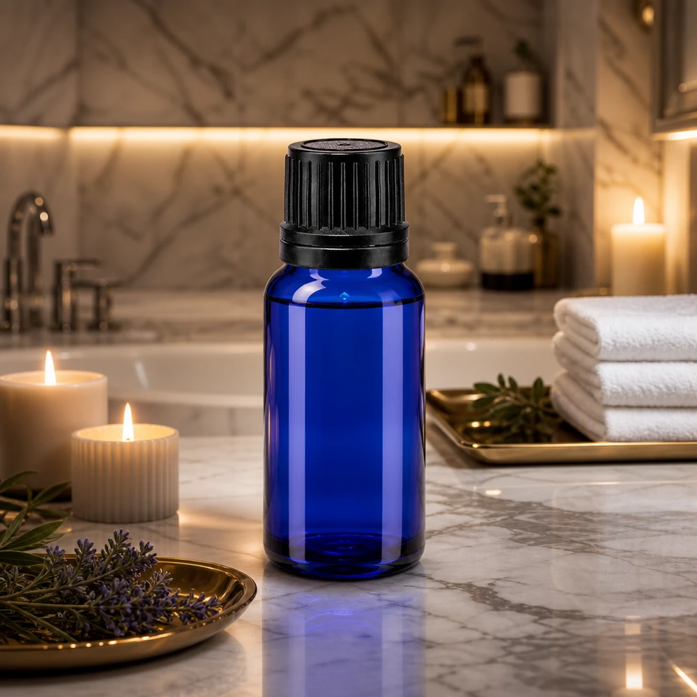 Apoteksflaske blå 10ml skruelåg sort hældeprop r. OV Blå 10 ml apotekerflaske med sort OV-lukning på marmor i et wellness-miljø