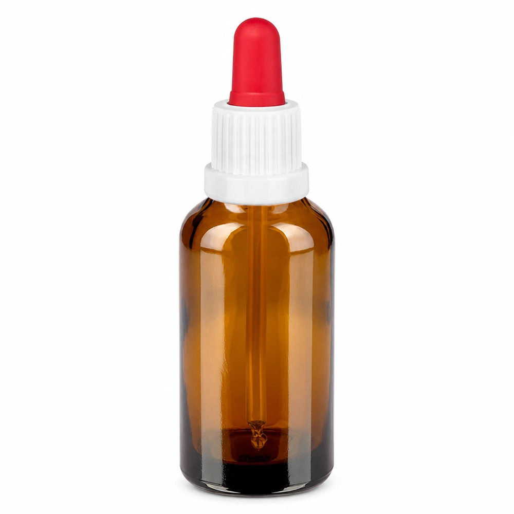 30 ml pipetteflaske hvid/rød OV BrownLine UT18/30 30 ml pipetteflaske af ravfarvet glas med hvid hætte og rød pipette til præcis dosering