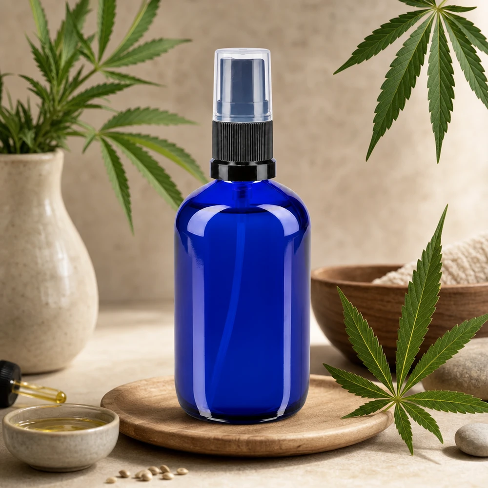 Apotekerflaske blå 100 ml spraytilbehør sort 100 ml apotekerglas-sprayflaske i koboltblå med hampplanter og naturlige CBD-wellness-elementer