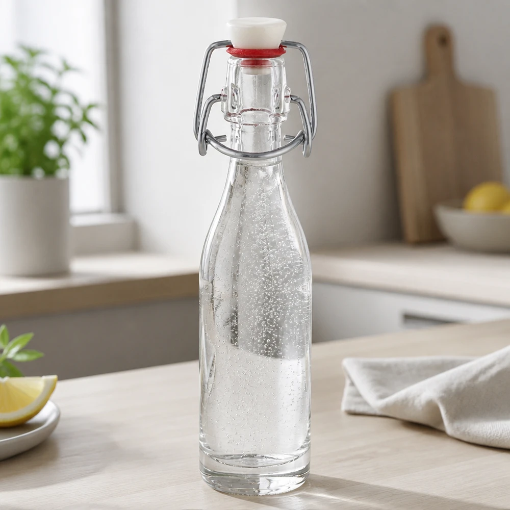 50 ml glasflaske og hængelukning PVC UNiTWIST 50 ml glasflaske med svingtop fyldt med vand i et moderne køkken - praktisk hverdagsbrug