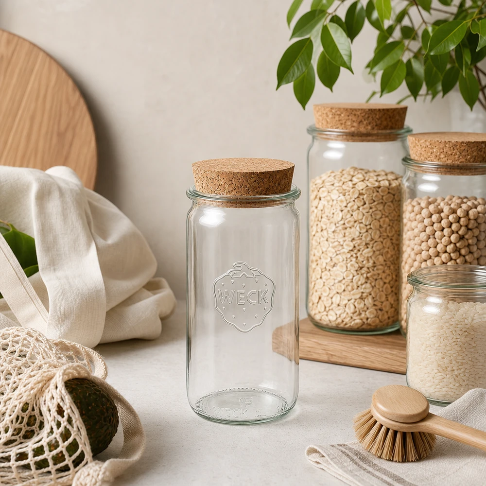 340 ml cylinderglas WECK RR60 med kork natur WECK cylinderkrukke 340 ml RR60 med korklåg i et naturligt køkkenmiljø mellem opbevaringskrukker og tekstiler