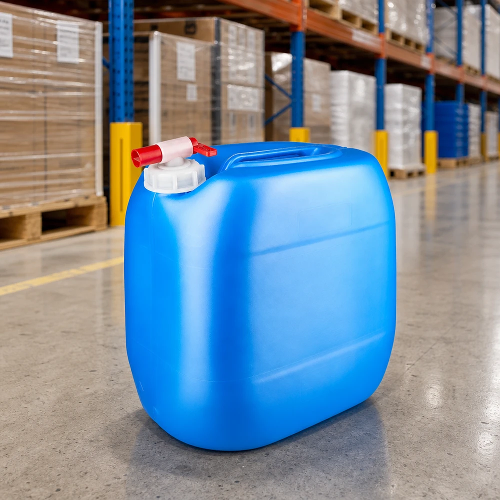 30 liters blå dunk med taphane Transportdunk på 30 liter, blå, med udløbshane på betongulvet i et lagerhus