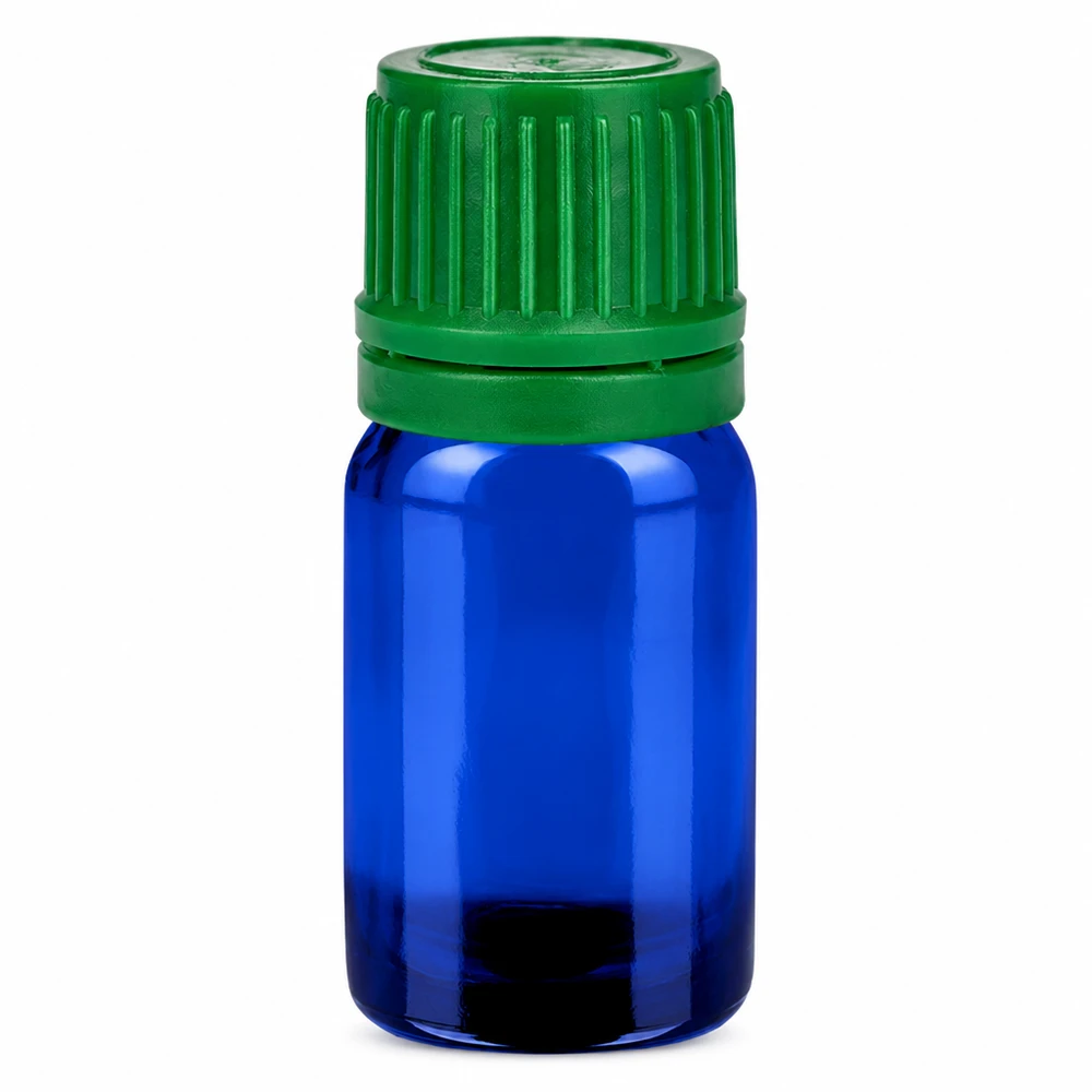 5 ml flaske 11 mm SV grøn OV BlueLine UT18/5 5 ml glasflaske blå med grønt skruelåg til æteriske olier og kosmetik