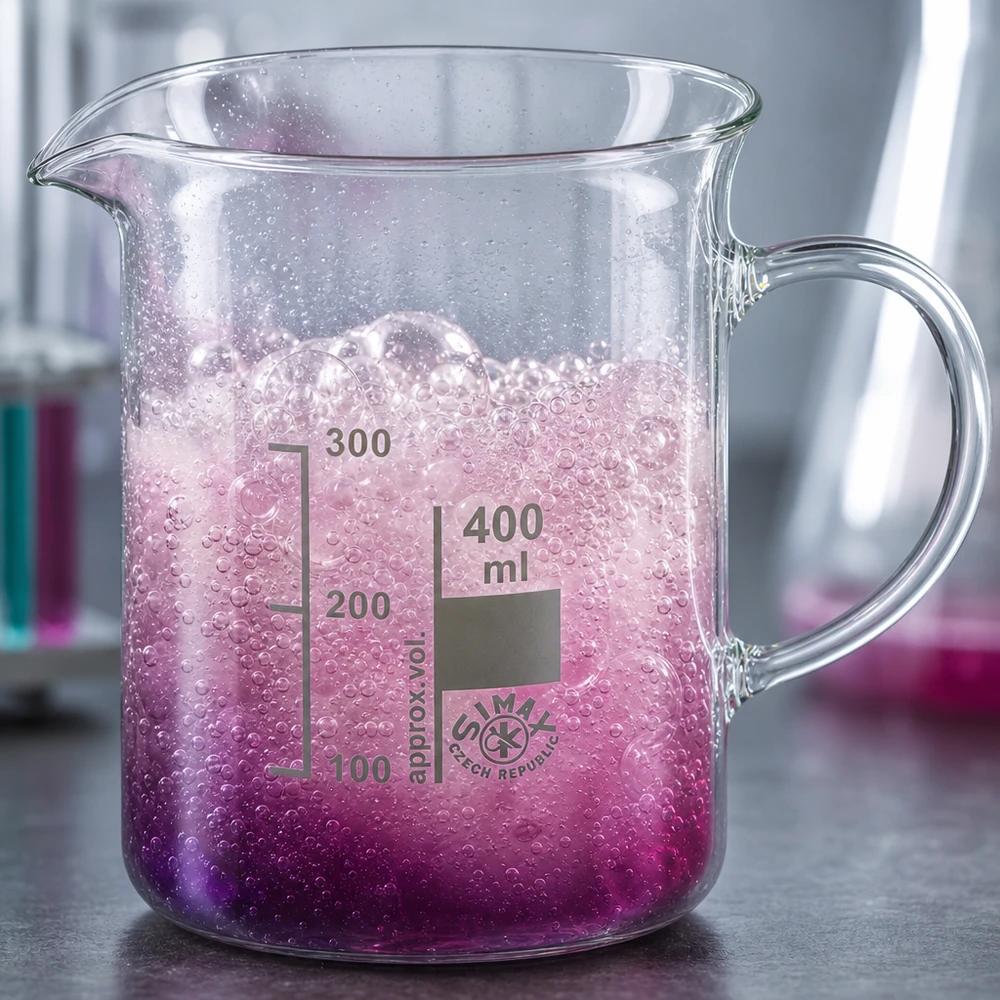 Bægerglas 400 ml borosilikatglas, med håndtag Becherglas 400 ml med hank, skummende lyserød reaktion, sprudlende bobler, borosilikatglas, laboratoriebrug