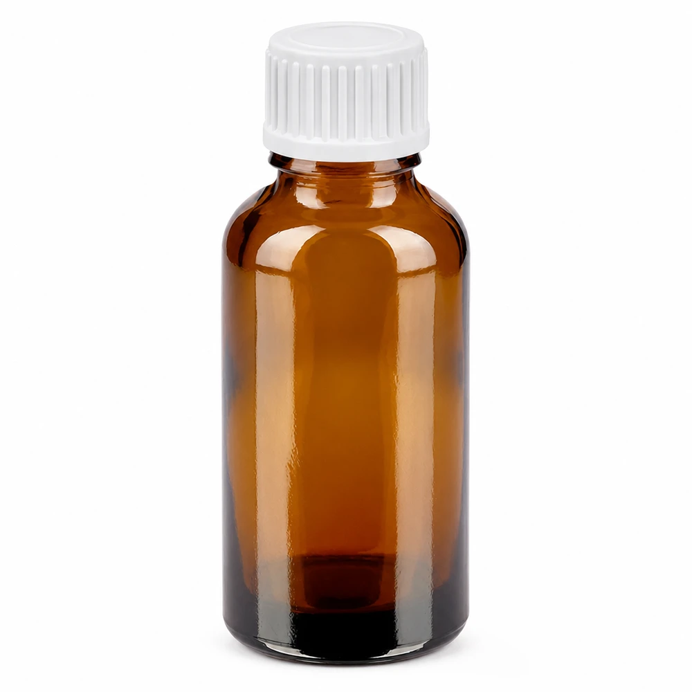 30 ml dråbeflaske 0,9 mm hvid STD BrownLine UT18/30 30 ml ravfarvet glasflaske med hvid 0,9 mm dråbehætte til præcis dosering