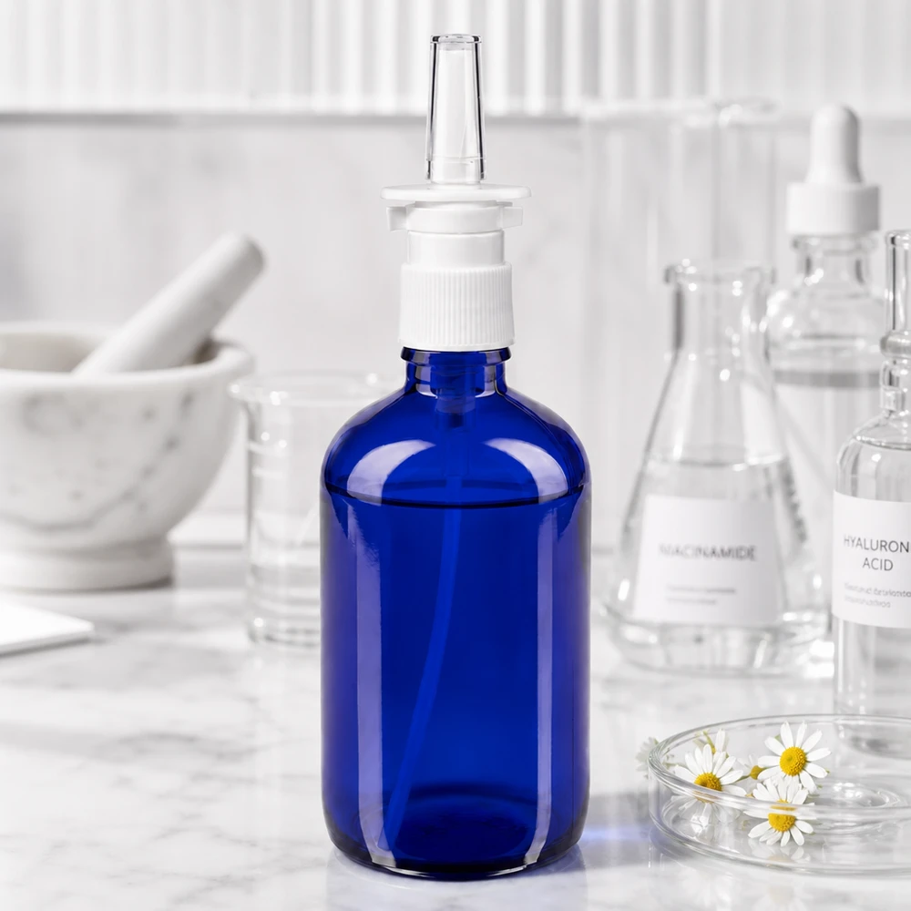 Koboltblå 100 ml glasflaske med næsesprayhoved mellem niacinamid og hyaluronsyre-laboratorieflasker