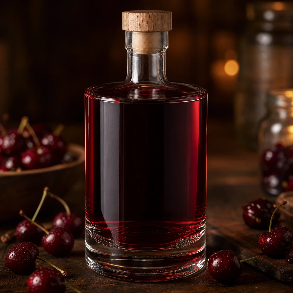 500 ml glasflaske 500ml Glasflasche "Marie" mit Holzgriff-Korken UNiTWIST med træhåndtag UNiTWIST® 500 ml glasflaske Marie fyldt med rød kirsebærlikør - korkprop af træ - Lifestyle-produktfoto med kirsebær