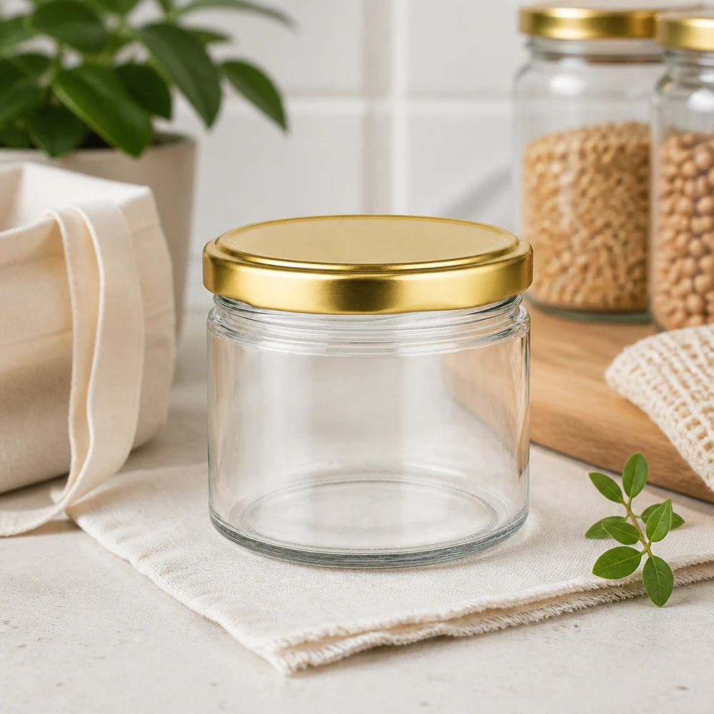540 ml rund krukke med BasicSeal-låg i guld UNiTWIST 540 ml rund krukke med gyldent BasicSeal-låg, tom i bæredygtig køkkenindretning med naturfibre og planter