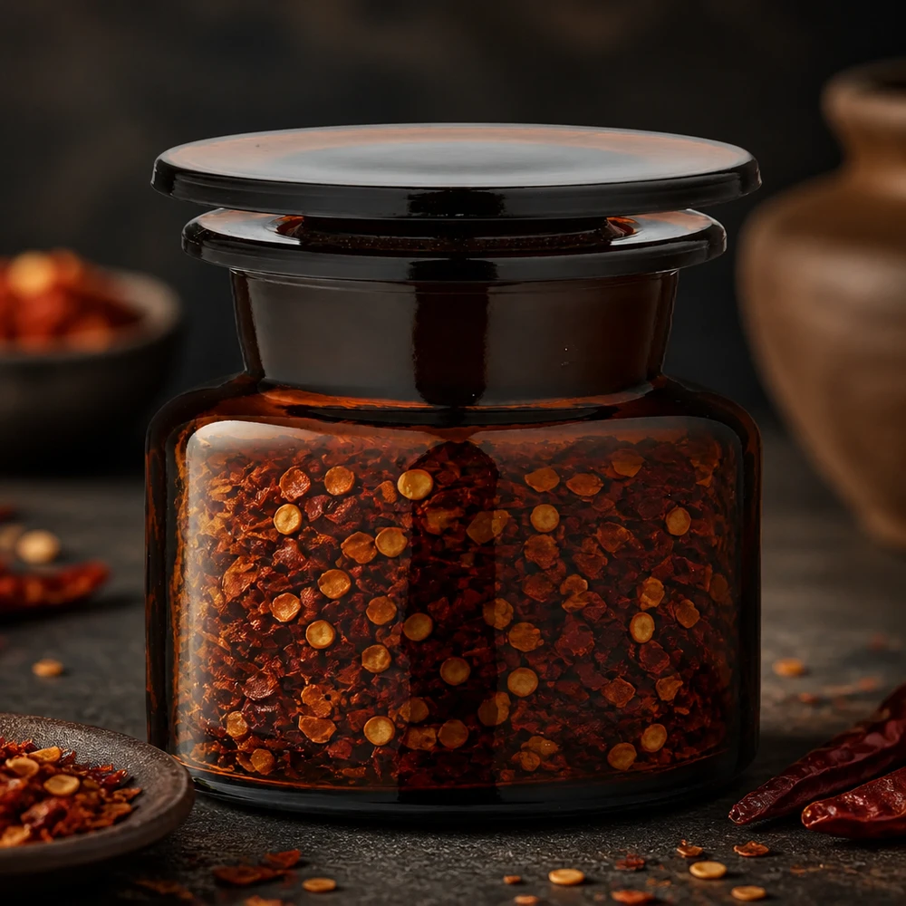 Tørrede chiliflager med frø i en 50 ml apotekerflaske af brunt glas med glasprop