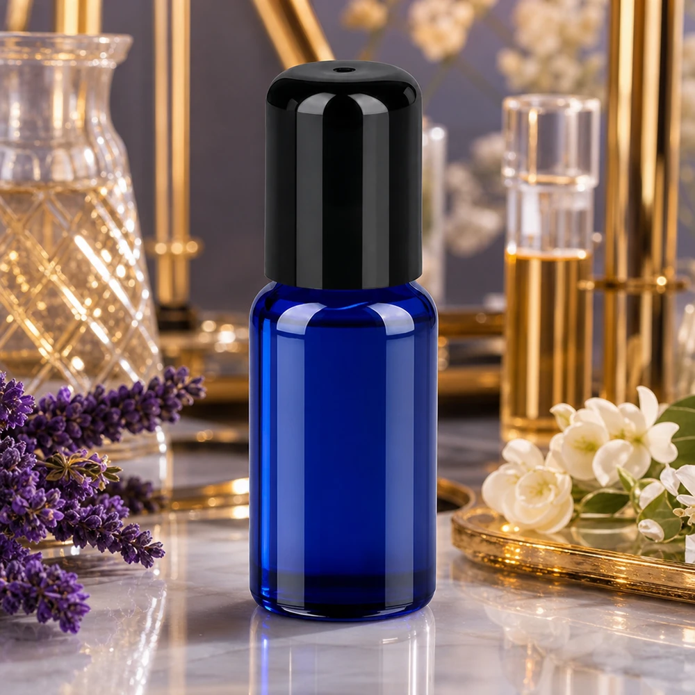 20 ml roll-on flaske sort STD BlueLine UT18/20 Premium roll-on-flaske 20 ml STD BlueLine med UV-beskyttelse takket være blåt glas og sort hætte
