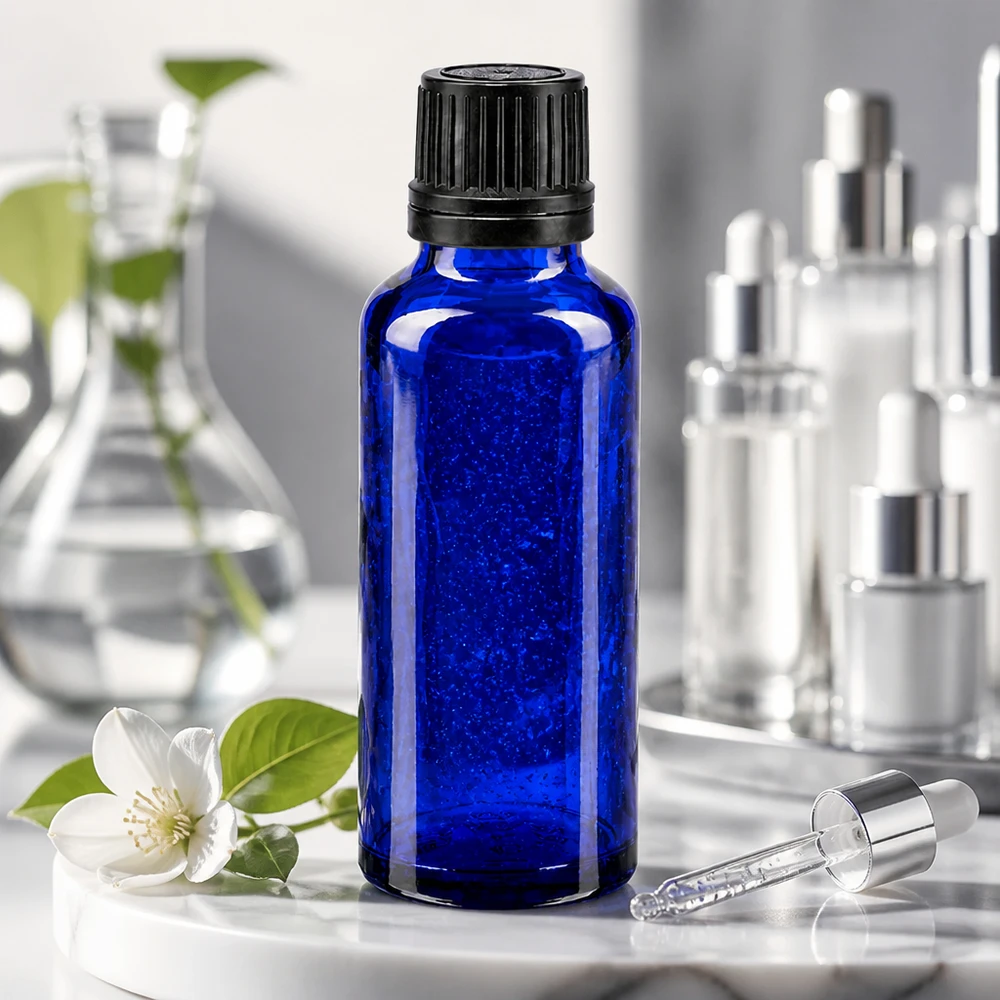 Koboltblå 30 ml dråbeflaske af apotekerglas med sort originalitetslukning og pipette
