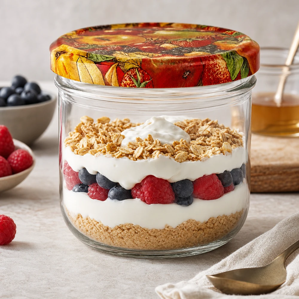 260 ml Briller + BasicSeal låg frugtdekoration UNiTWIST 260 ml glas med frugtdekoration som dessertglas med yoghurt, bær og granola som lagdelt dessert på køkkenbordet