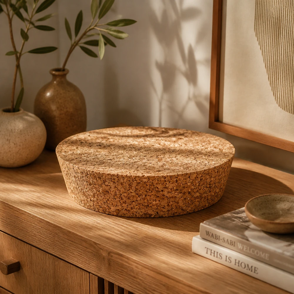 Kork til 75 mm åbning WECK RR80 (ø72/82, H=20 mm) WECK RR80 korkprop naturkork på trækommode med bøger og keramikvaser moderne stuedekoration 75mm åbning