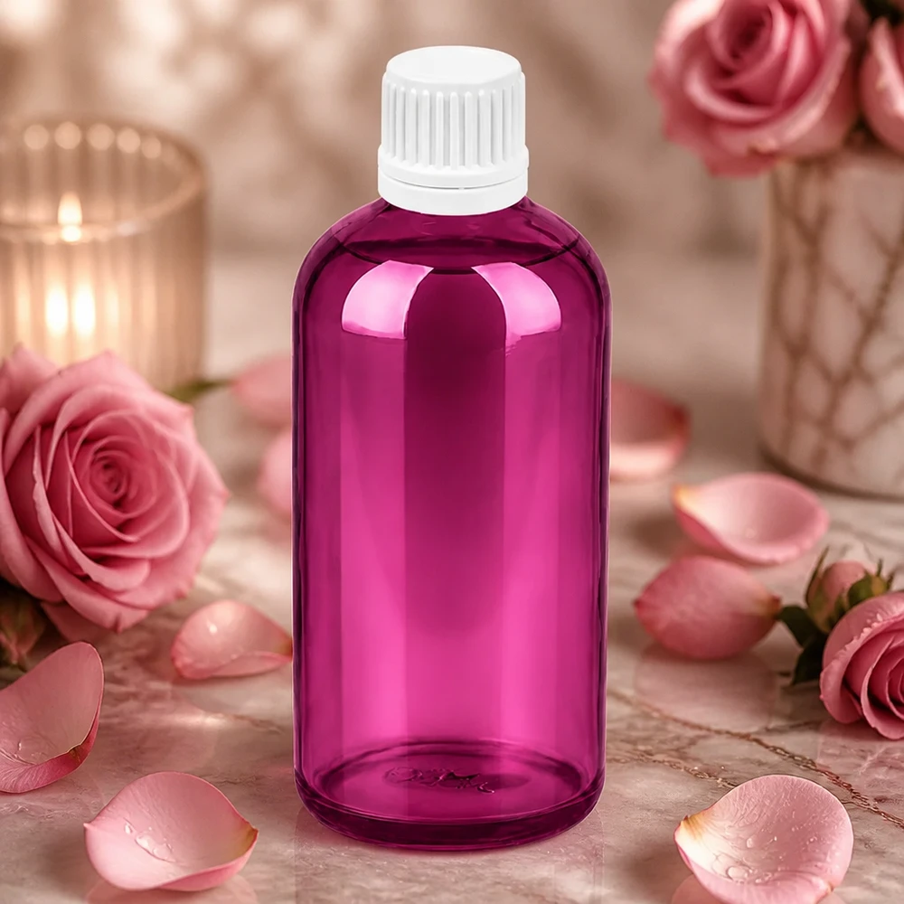 100 ml dråbeflaske 0,7 mm hvid Originality skruelåg PurpleLine UT18/100 Lille 100 ml dråbeflaske i elegant violet med hvidt skruelåg til kosmetik og plejeprodukter