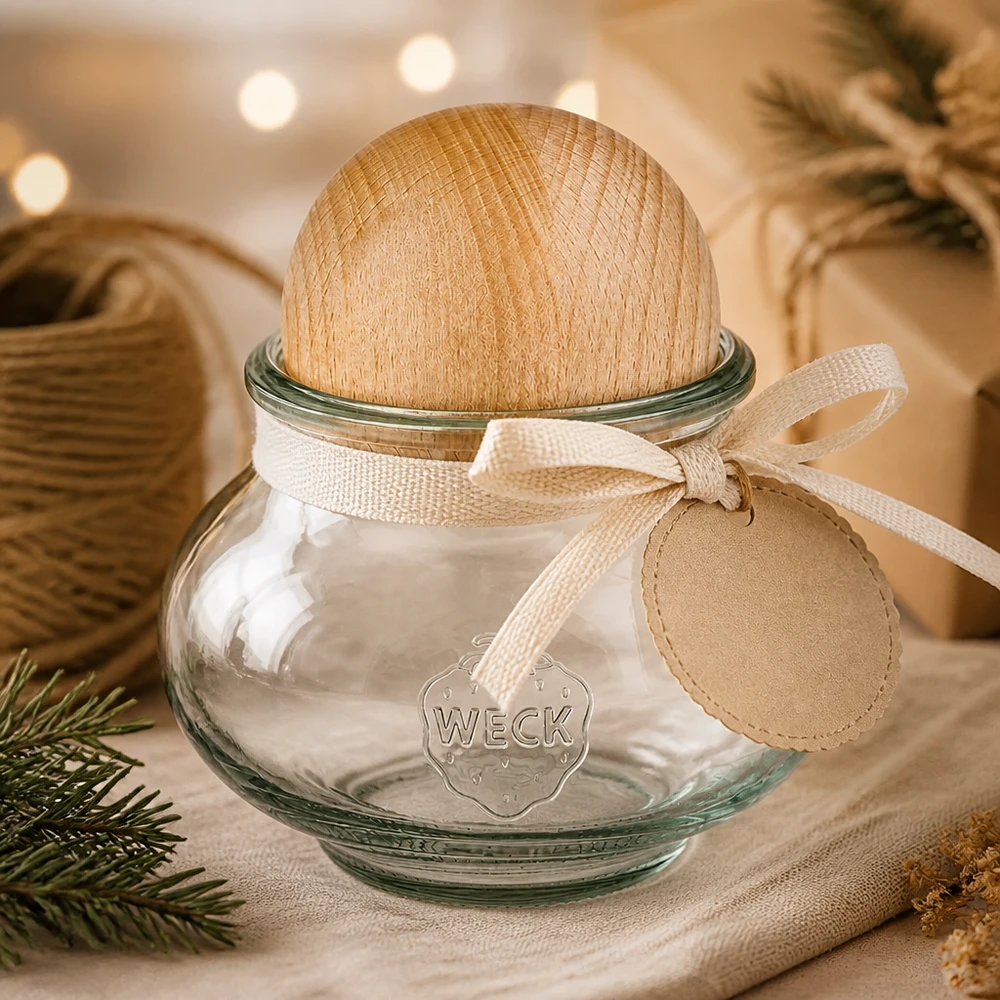 560 ml smykkekrukke WECK RR80 med trækugle bøg WECK konservesglas 560ml RR80 trækugle bøg gaveemballage sløjfe juledekoration festlig præsentation