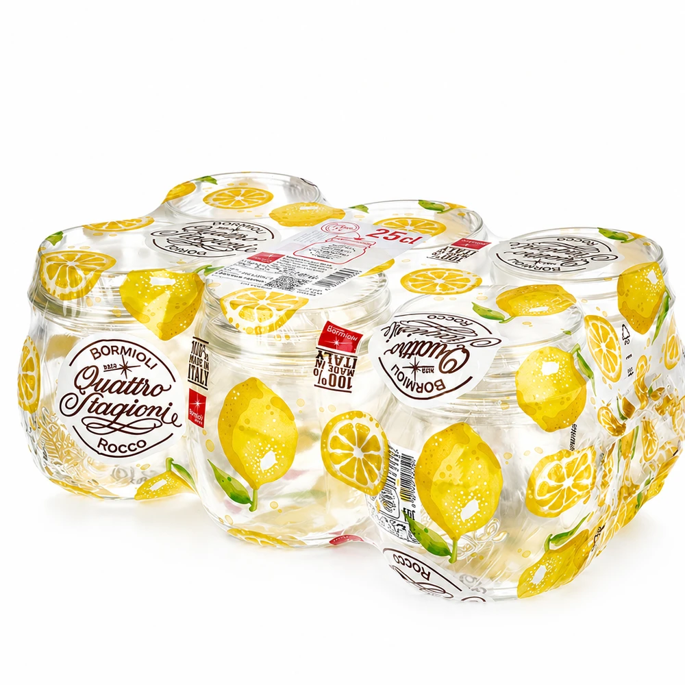 250 ml husholdningsglas "Quattro Stagioni" Bormioli Rocco Quattro Stagioni 250 ml syltetøjsglas med citronmotiv og skruelåg, sæt med 6 stk.