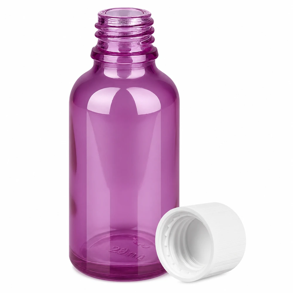 30 ml flaske 11 mm skruelåg hvid standard børnesikret PurpleLine UT18/30 Violet 30 ml glasdråbeflaske med hvid hætte til æteriske olier og serum