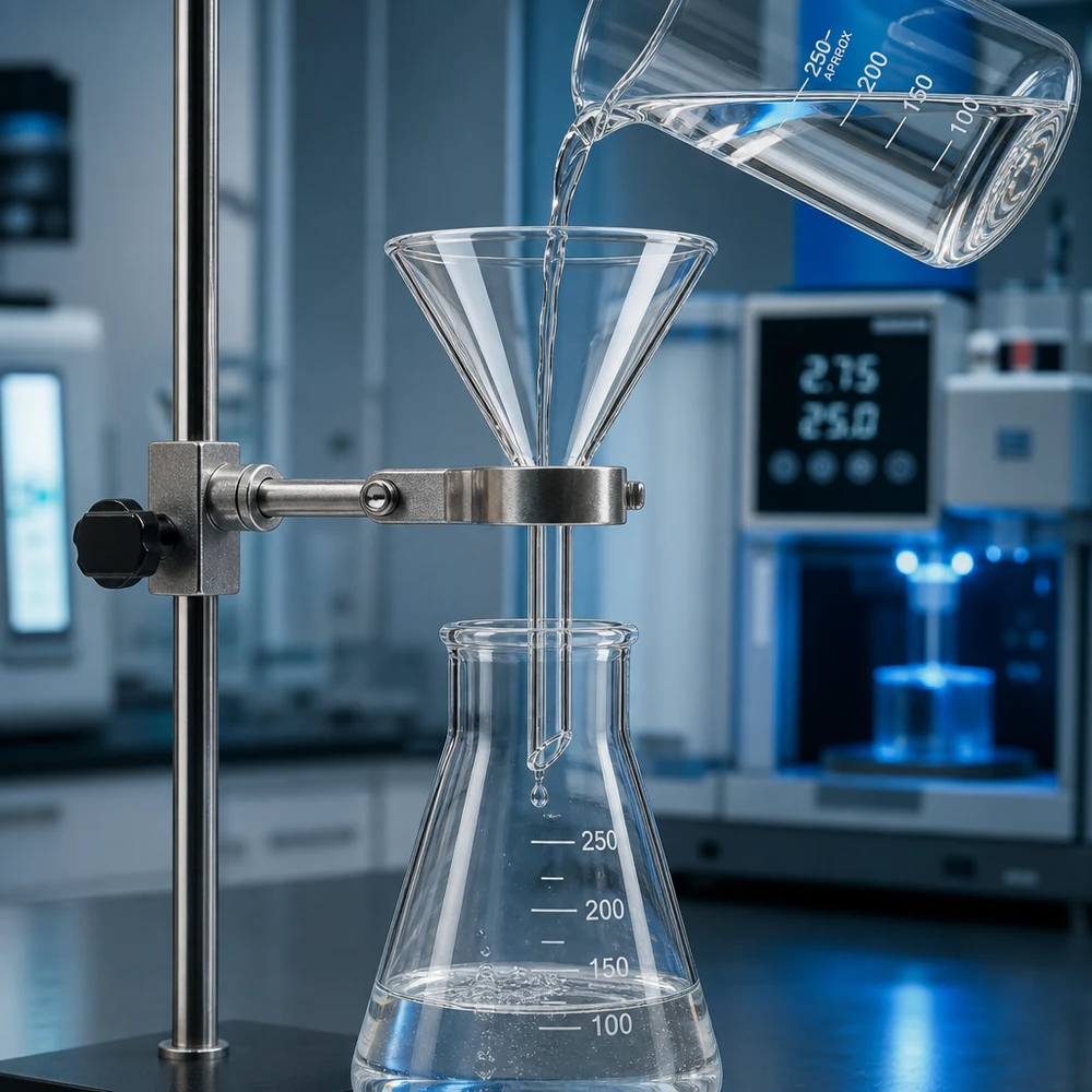 Tragt Ø 55mm borosilikat vinkel 60 kort stil Videnskabelig glastragt 55 mm transparent til kemiske laboratorieanalyser og filtrering