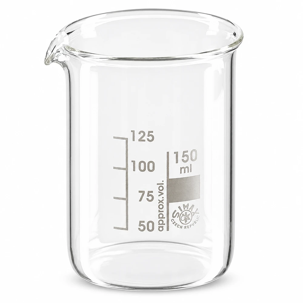 Bægerglas 150 ml borosilikatglas, lav form Bægerglas 150 ml af borosilikatglas med tud og graduering til laboratoriebrug