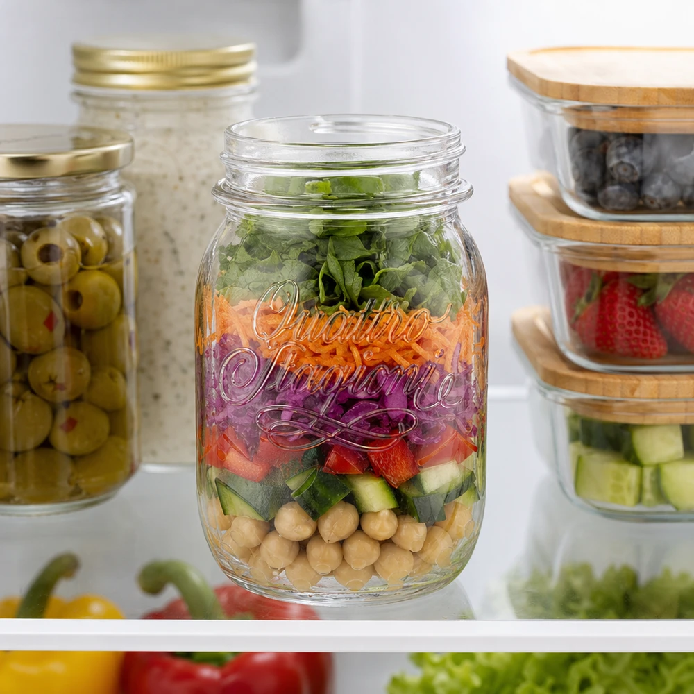 500 ml husholdningsglas "Quattro Stagioni" 500 ml Quattro Stagioni husholdningsglas fyldt med lagdelt salat i køleskabet ved siden af andre opbevaringsglas