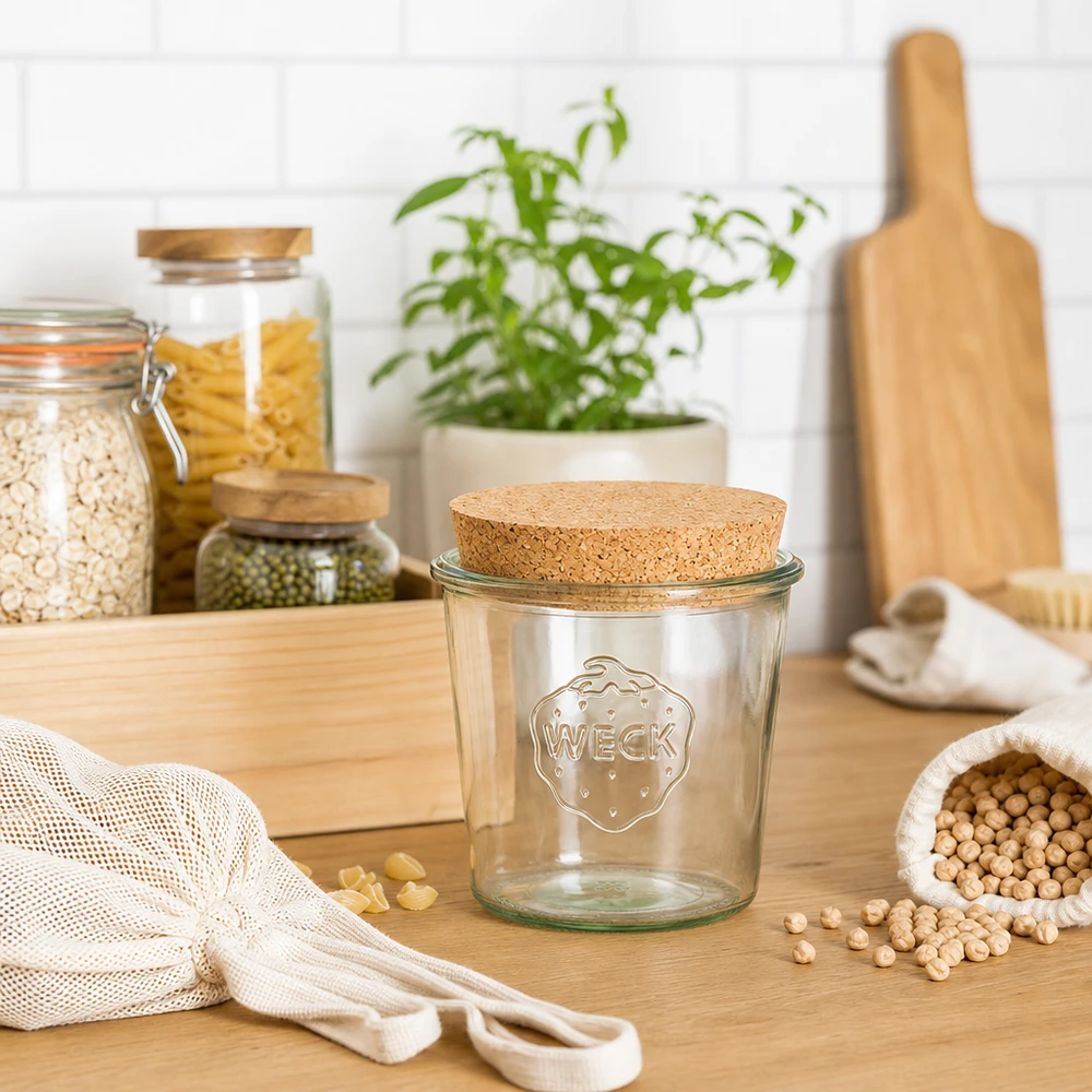 580 ml Briller WECK RR100 med kork natur WECK opbevaringskrukke 580 ml RR100 med korklåg i bæredygtigt zero-waste-køkken med stofposer og bælgfrugter